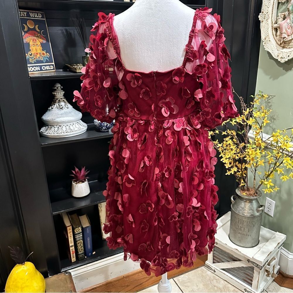 TCEC Burgundy Mini Dress with 3D Petal Appliqués - Picture 8 of 14